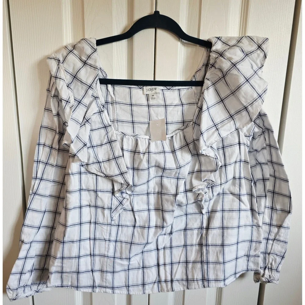 J. Crew M Re-Imagined Plaid Flannel Ruffle Square Neck Top White Medium NWT